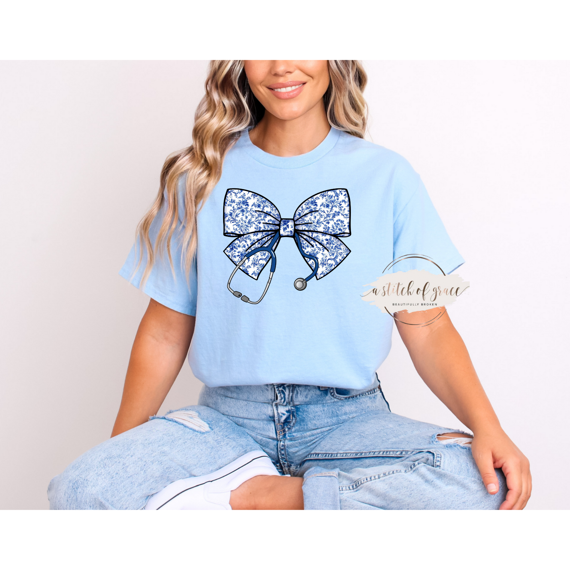 Blue Chinoiserie Nurse Bow Tee - Image 3