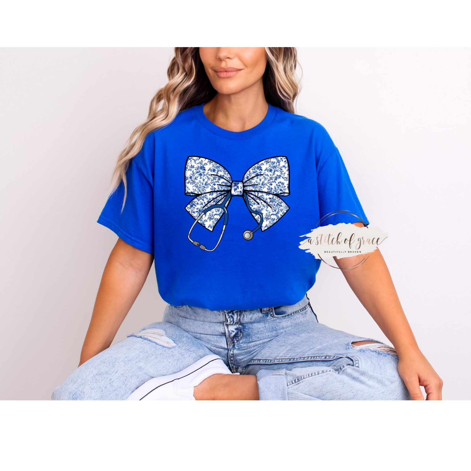 Blue Chinoiserie Nurse Bow Tee