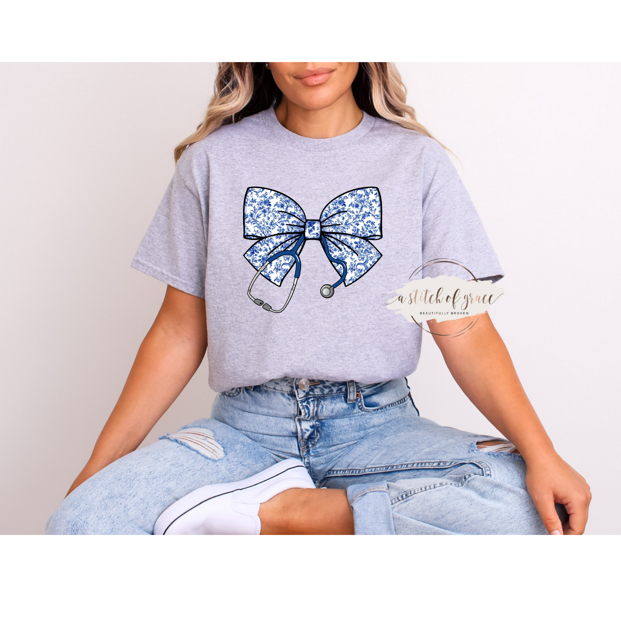 Blue Chinoiserie Nurse Bow Tee - Image 4