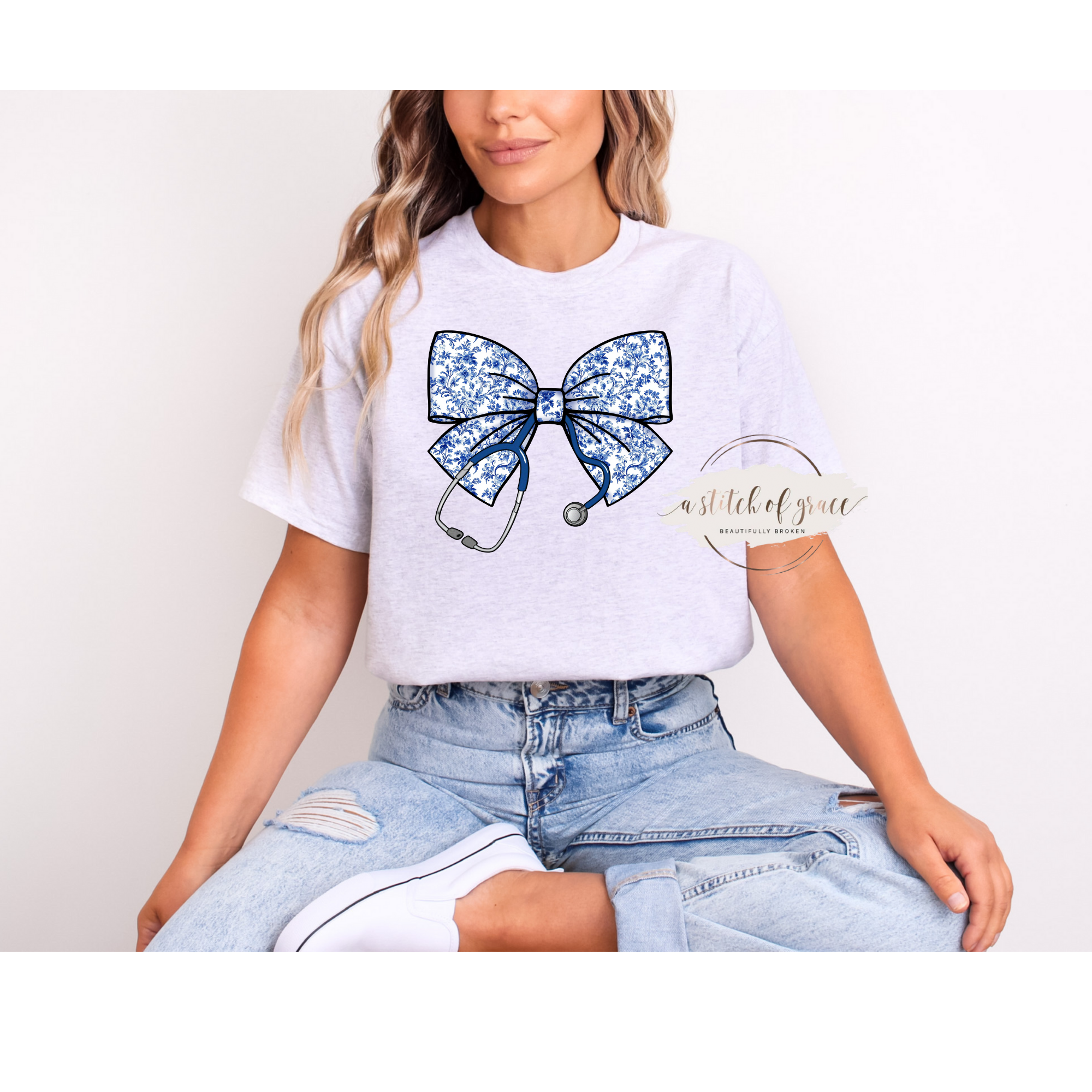 Blue Chinoiserie Nurse Bow Tee - Image 2