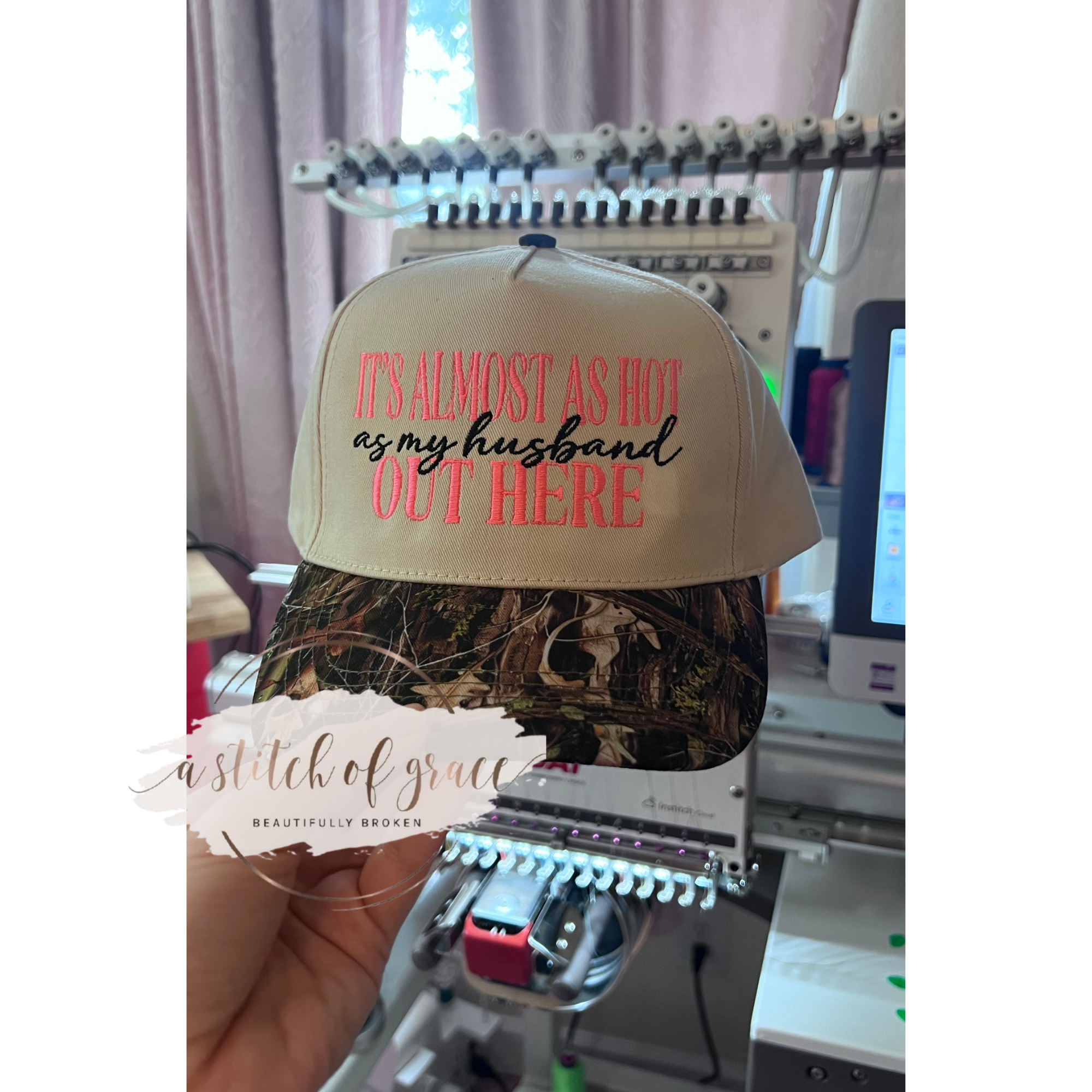 It’s Almost As Hot As My Husband Out Here Embroidered David & Young Trucker Hat