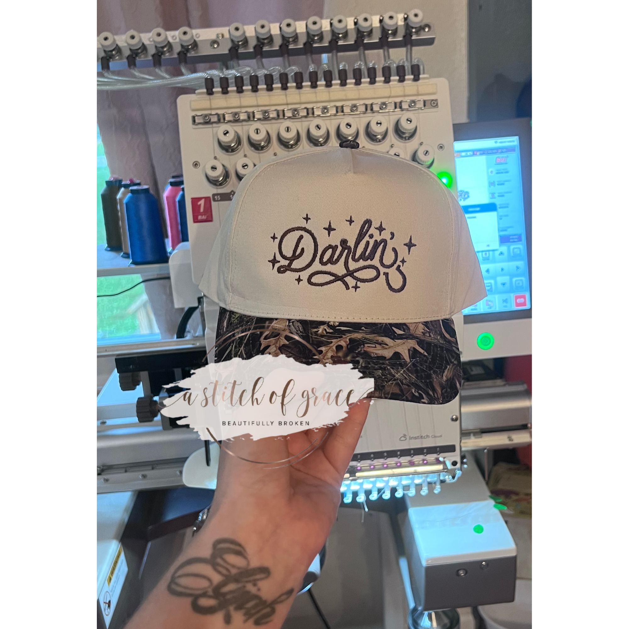 Custom Embroidered Southern “Darlin’” David & Young Camo Trucker Hat