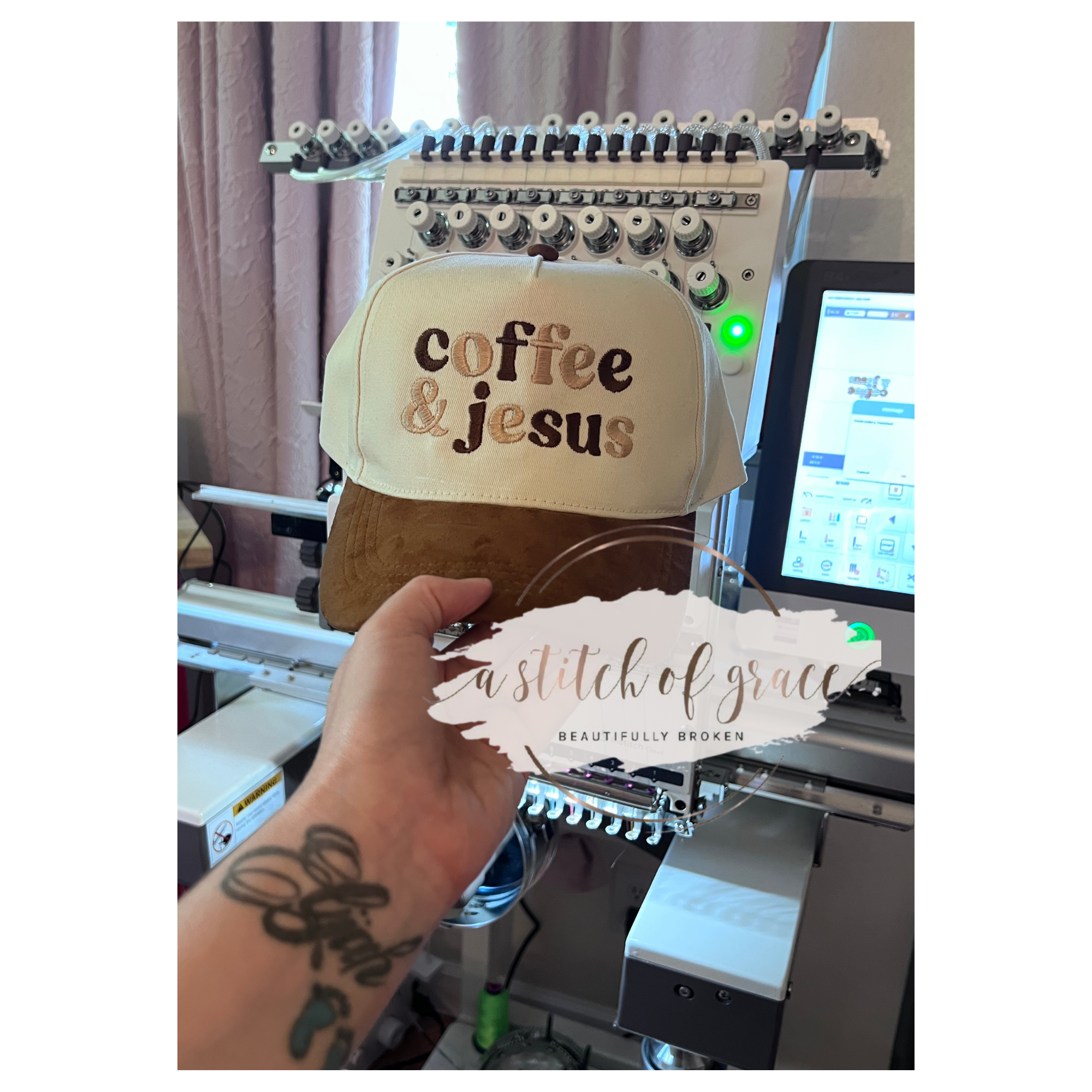 Coffee & Jesus Embroidered Suede Bill David & Young Trucker Hat