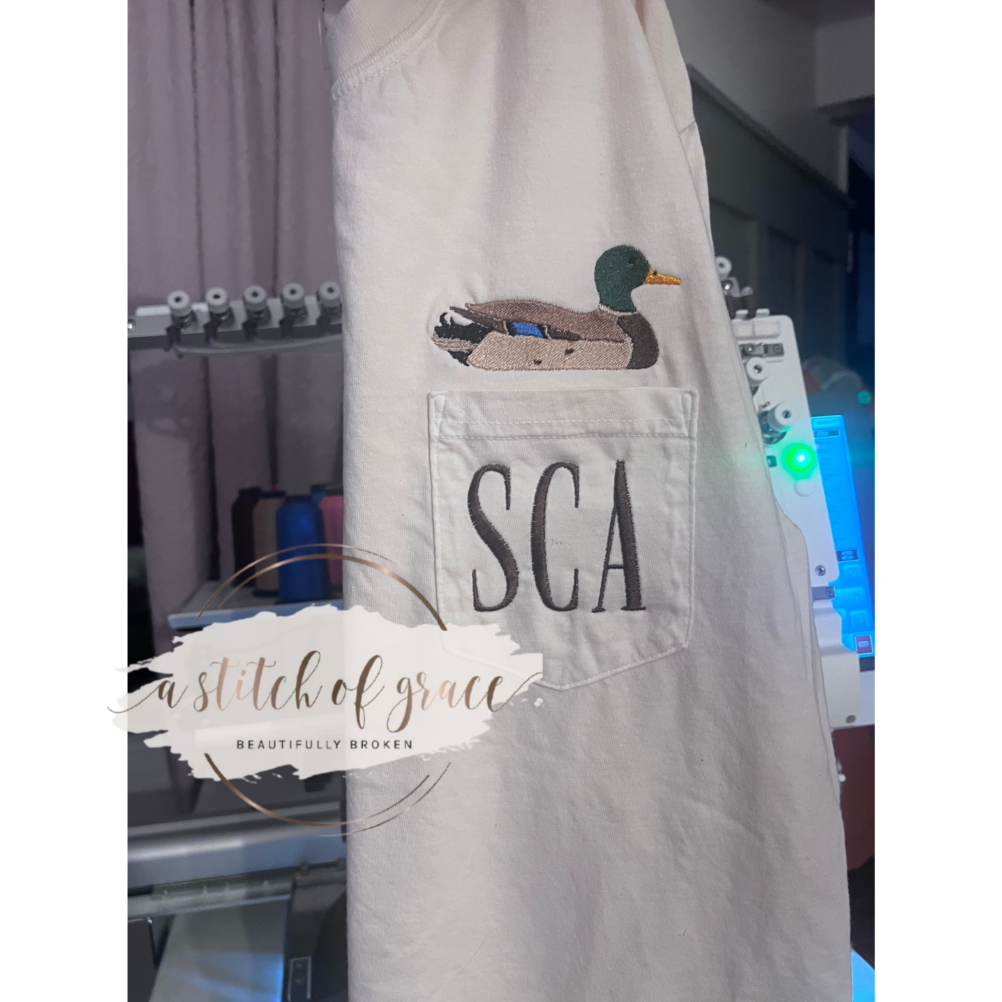 Mallard Duck Embroidered Monogram Pocket Tee | Comfort Colors Ivory Pocket T-Shirt | Personalized Southern Hunting Shirt