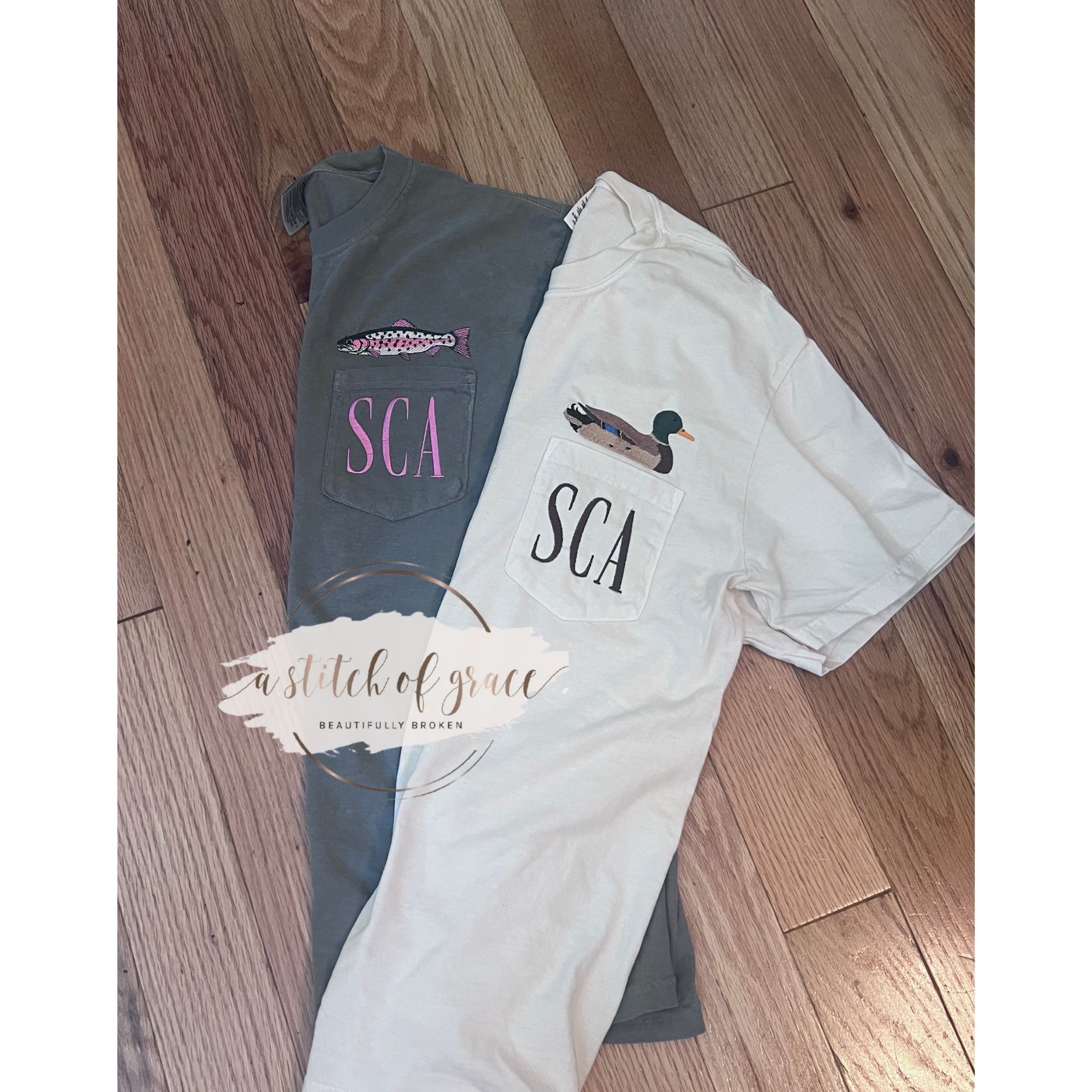 Mallard Duck Embroidered Monogram Pocket Tee | Comfort Colors Ivory Pocket T-Shirt | Personalized Southern Hunting Shirt - Image 3