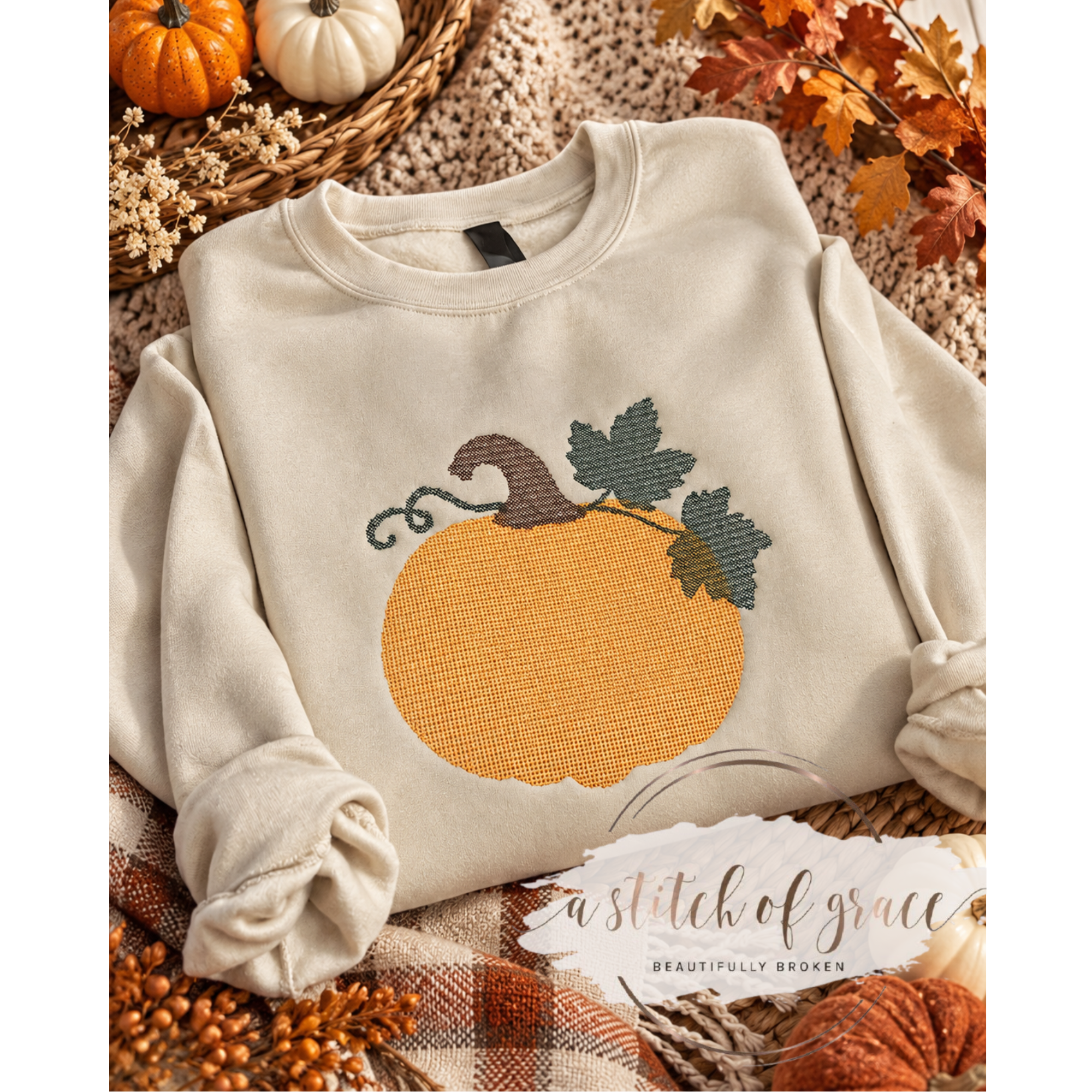 Embroidered Fall Pumpkin Crewneck Sweatshirt | Cozy Autumn Pullover - Image 5