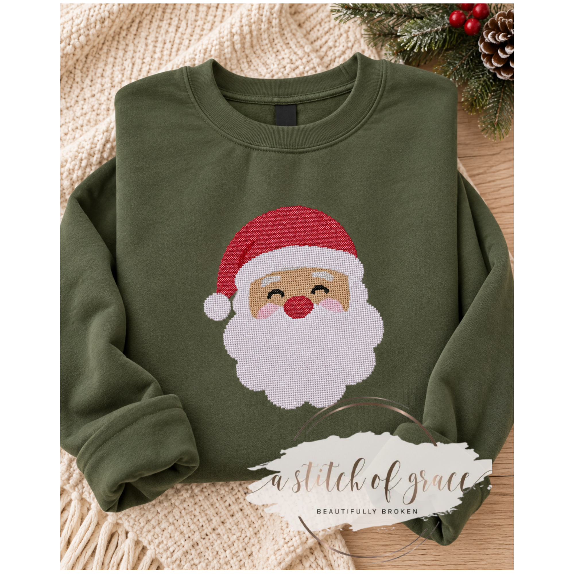 Vintage Stitch Santa Cross Stitched Embroidered Crewneck Sweatshirt - Image 5