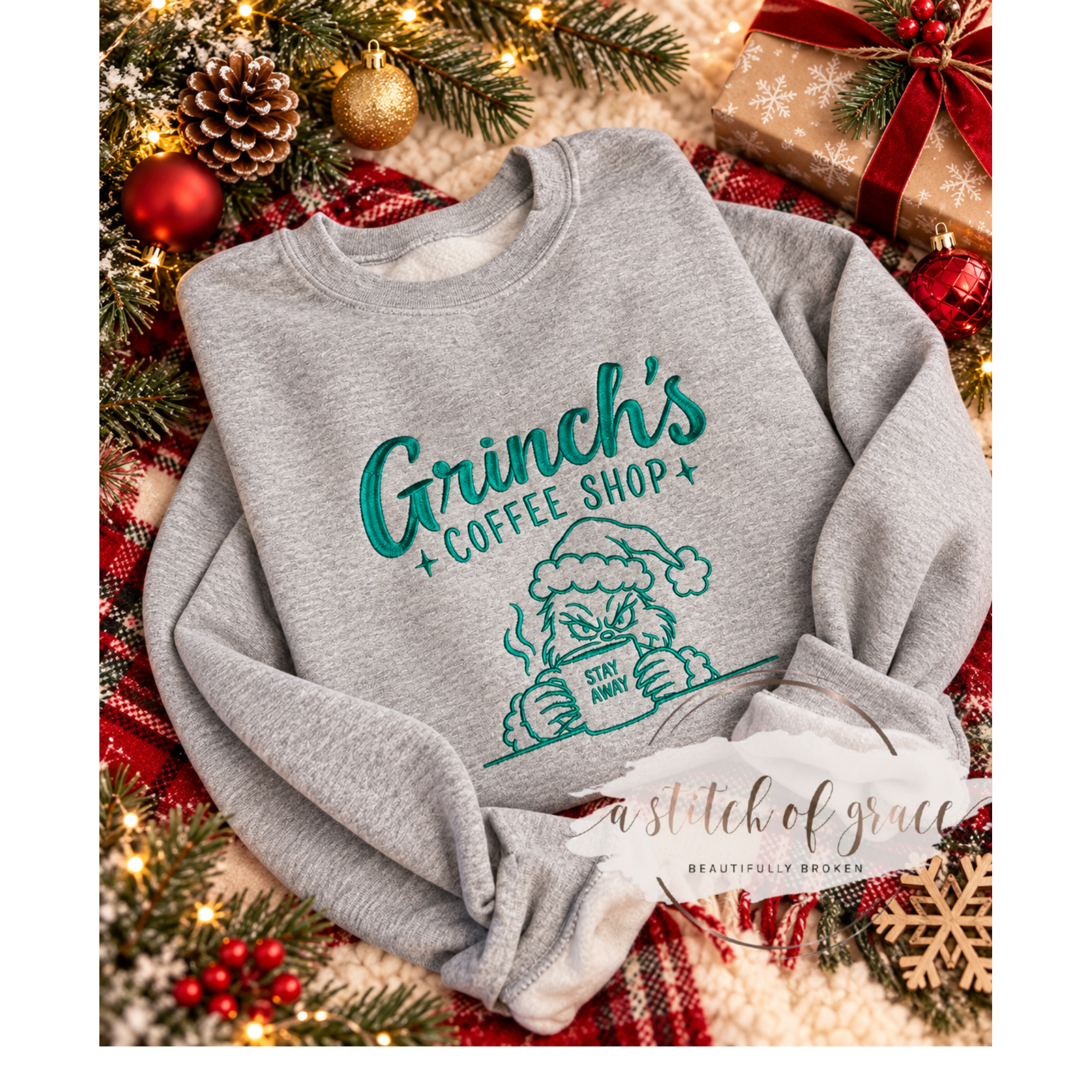 Grinch's Coffee Shop Embroidered Sweatshirt | Funny Christmas Crewneck - Image 2