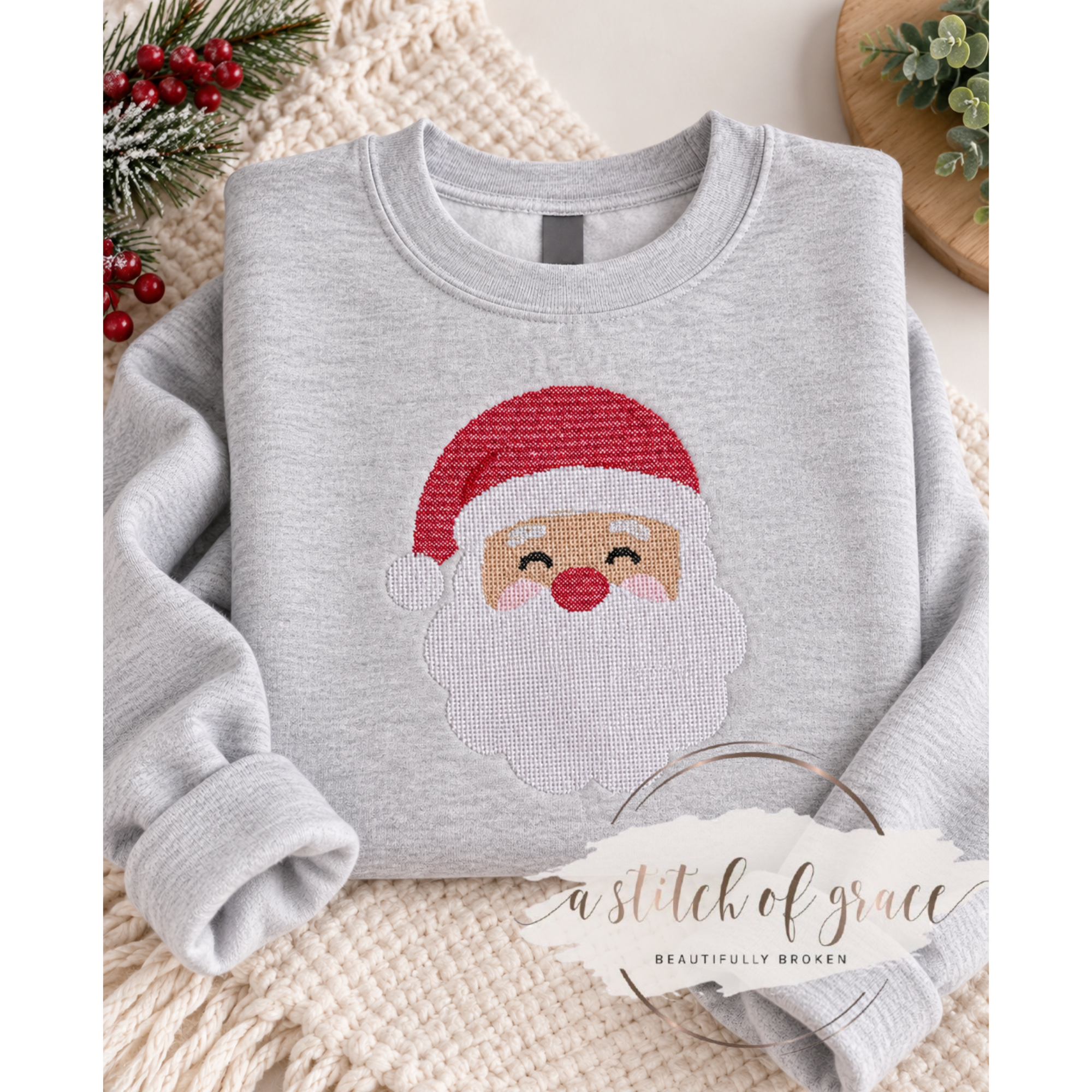 Vintage Stitch Santa Cross Stitched Embroidered Crewneck Sweatshirt - Image 3