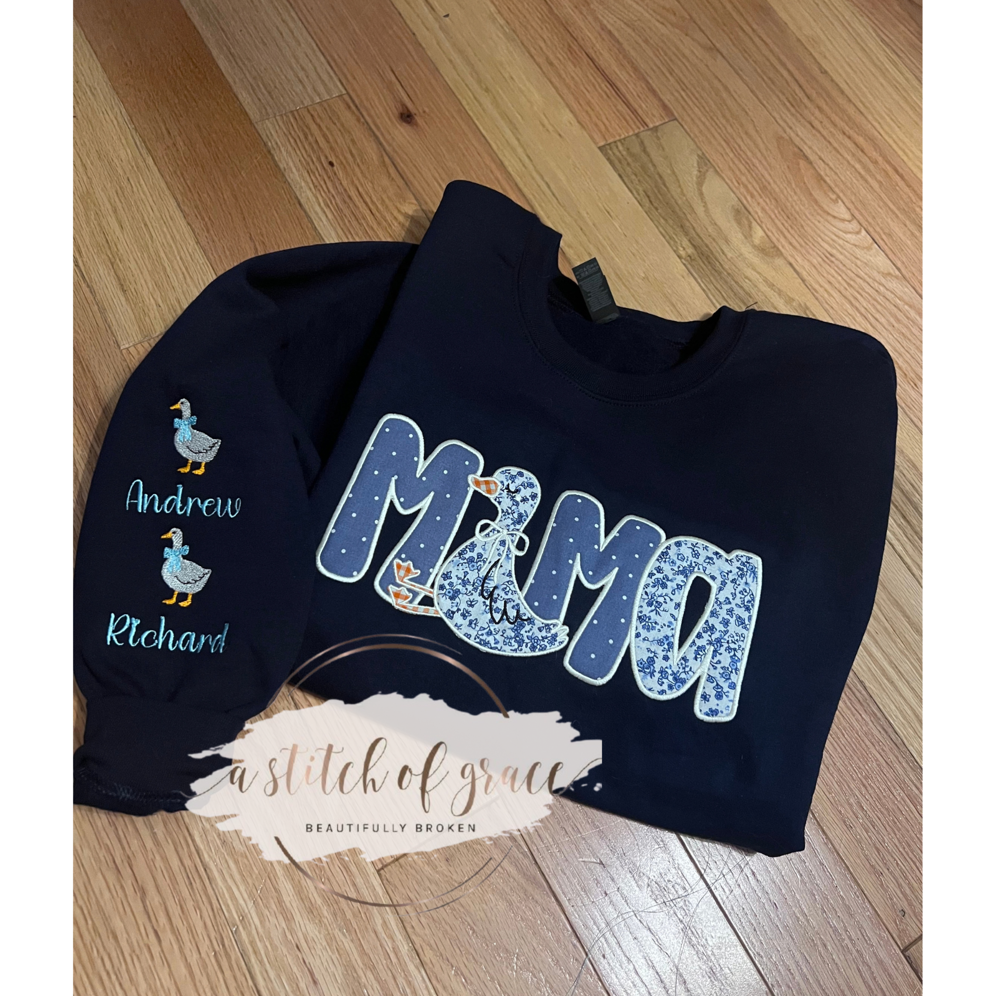 Personalized Mama Goose Appliqué Sweatshirt with Embroidered Sleeve