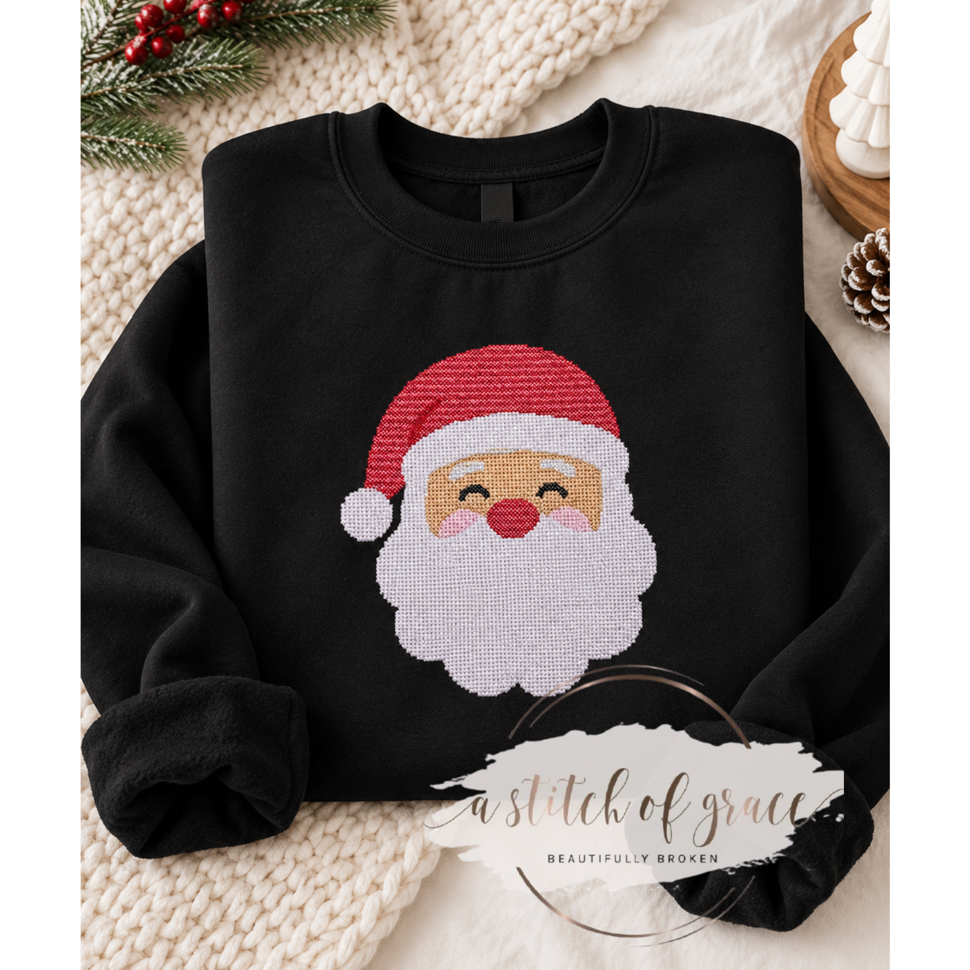 Vintage Stitch Santa Cross Stitched Embroidered Crewneck Sweatshirt - Image 2