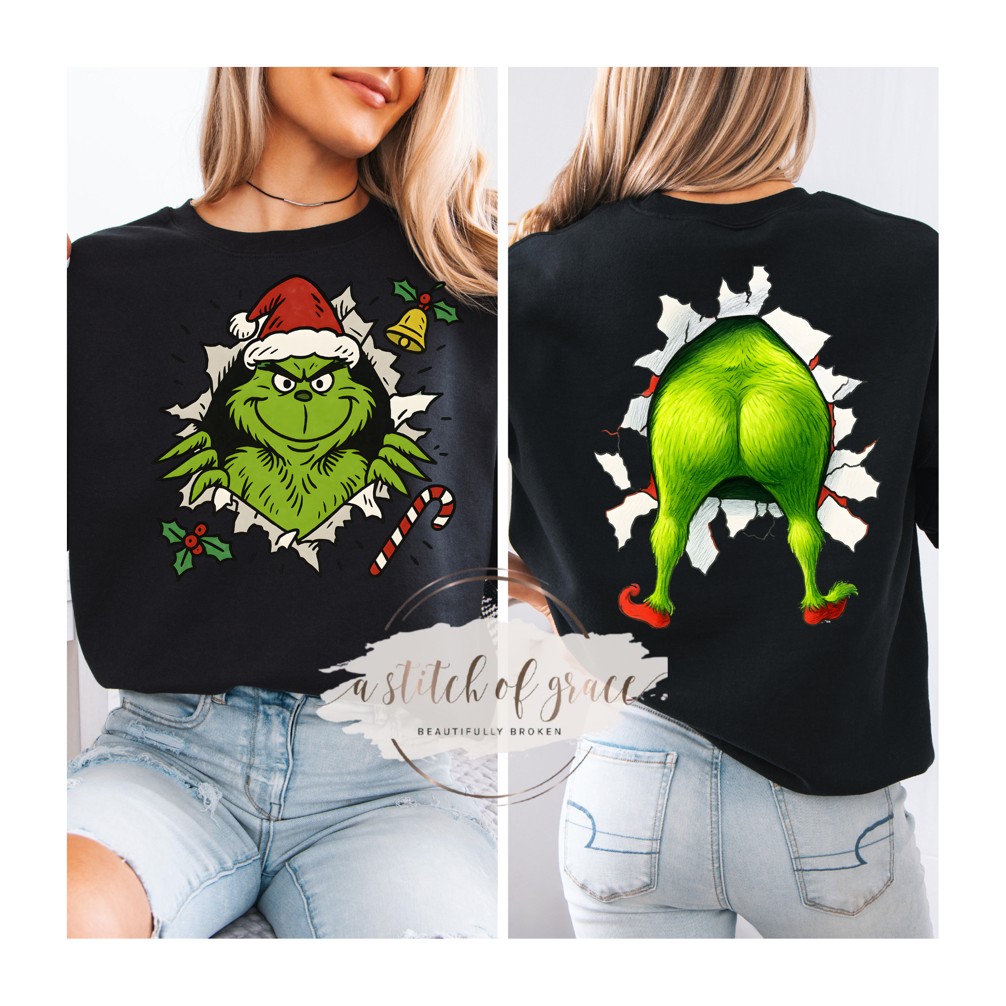 Grinch Christmas Front & Back Graphic Sweatshirt | Funny Holiday Crewneck