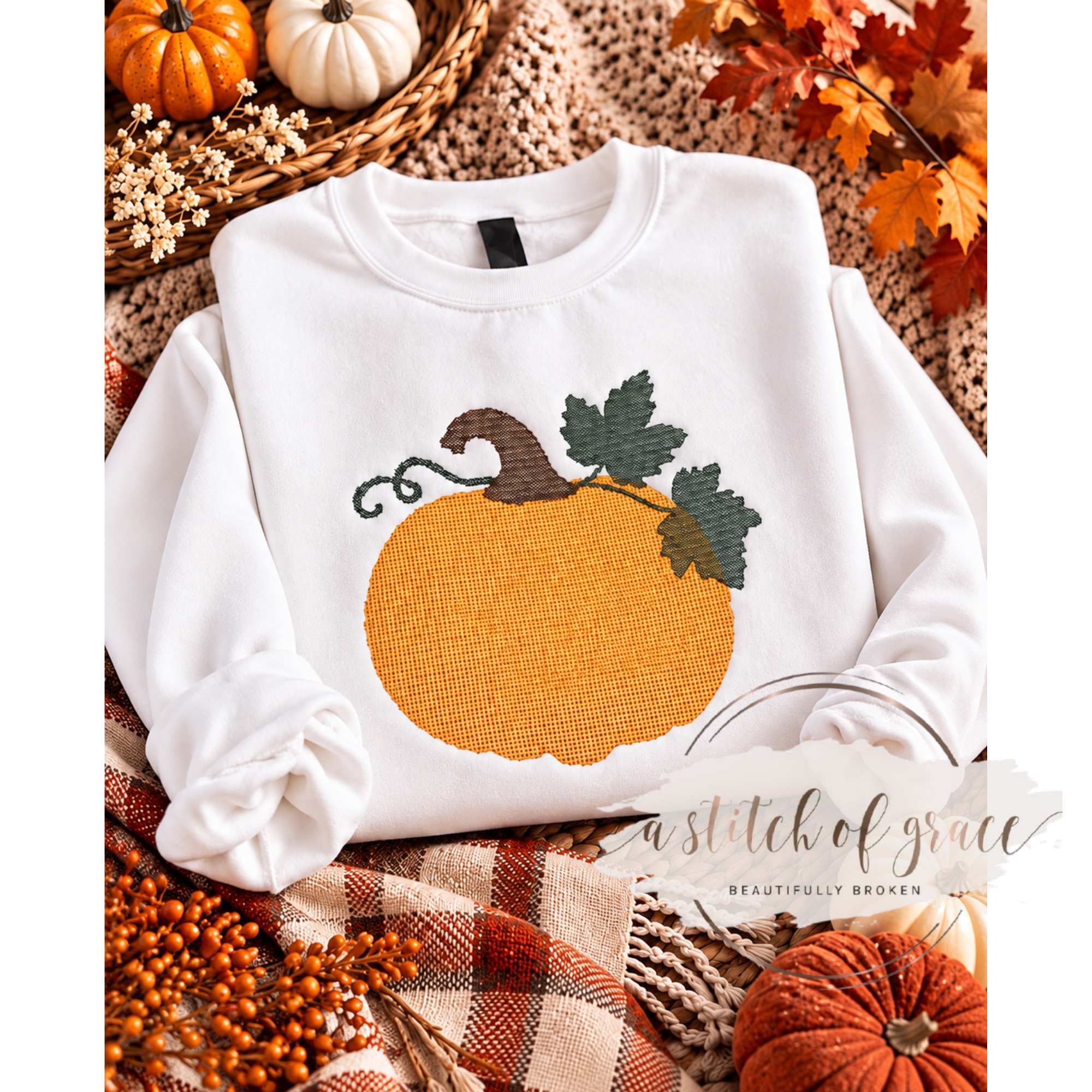 Embroidered Fall Pumpkin Crewneck Sweatshirt | Cozy Autumn Pullover - Image 3