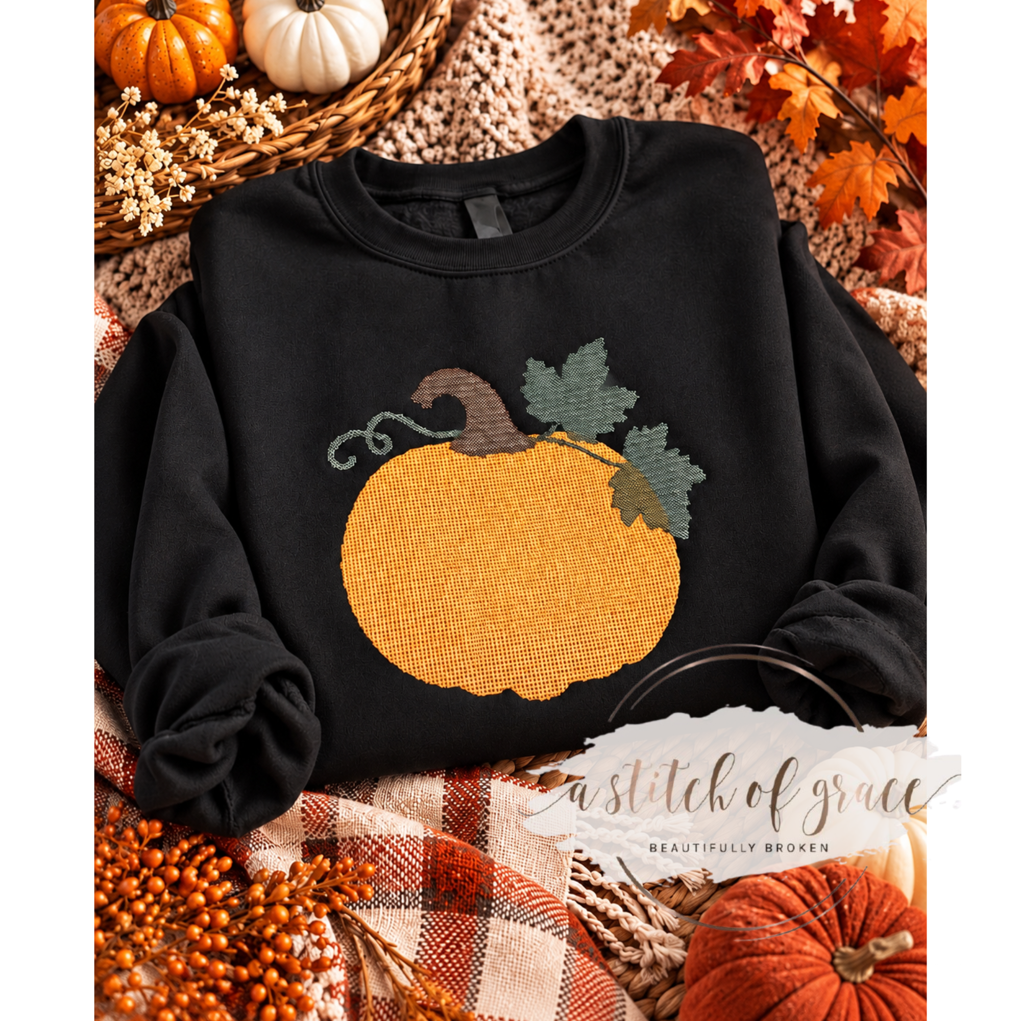 Embroidered Fall Pumpkin Crewneck Sweatshirt | Cozy Autumn Pullover - Image 4