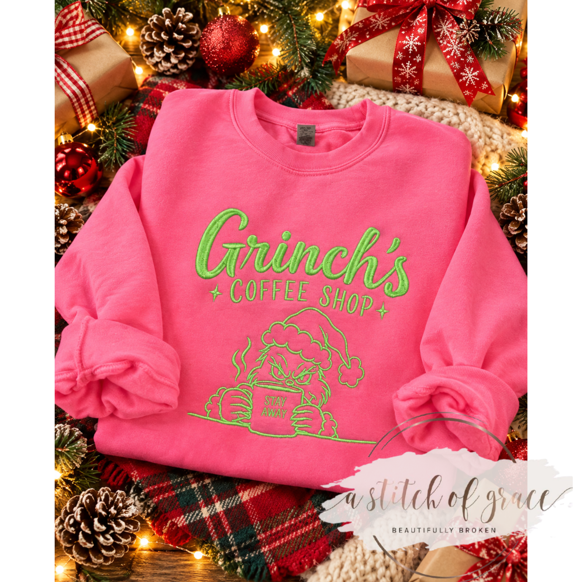 Grinch's Coffee Shop Embroidered Sweatshirt | Funny Christmas Crewneck - Image 3