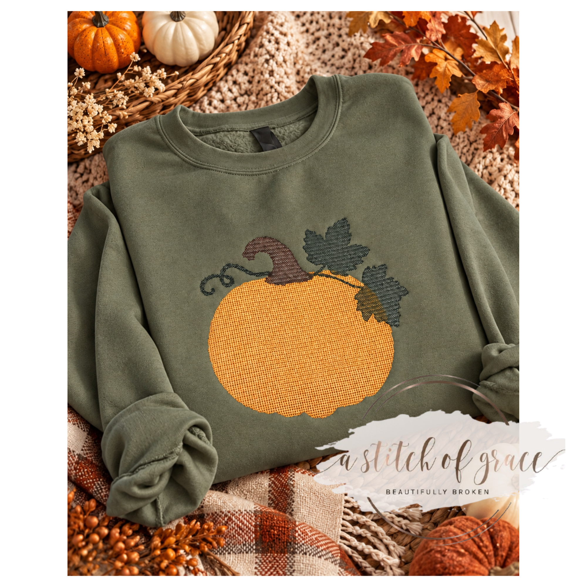 Embroidered Fall Pumpkin Crewneck Sweatshirt | Cozy Autumn Pullover - Image 2