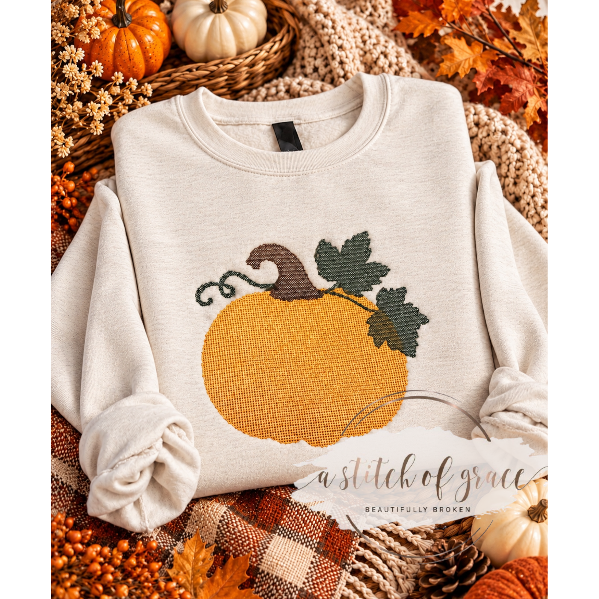Embroidered Fall Pumpkin Crewneck Sweatshirt | Cozy Autumn Pullover - Image 6